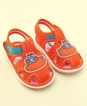Cute Walk by Babyhug Velcro Closure Musical Sandals with Ship Applique -Orange