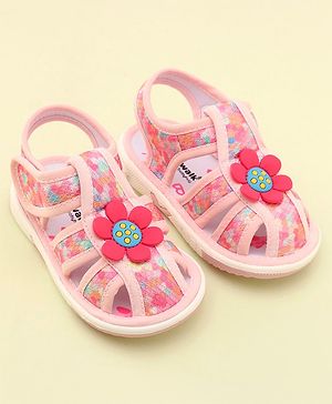 Cute Walk by Babyhug Velcro Closure Musical Sandals & Floral Applique -Pink