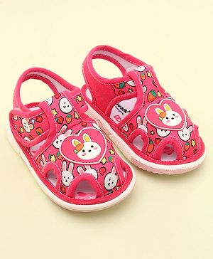 Cute Walk by Babyhug Velcro Closure Musical Sandals with Bunny Applique & Print - Fuchsia