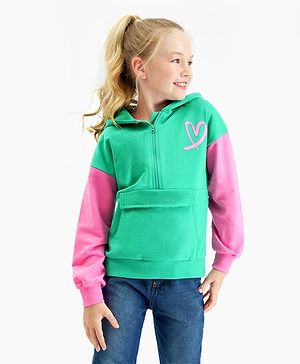 Primo Gino 100% Cotton Knit Full Sleeves Hooded Sweatjacket With Heart Print & Kangaroo Pocket - Green