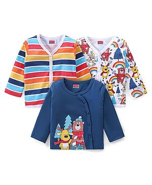 Babyhug Interlock Cotton Knit Full Sleeves Front Open Vests With Stripes & Animals Print Pack of 3 - White & Blue