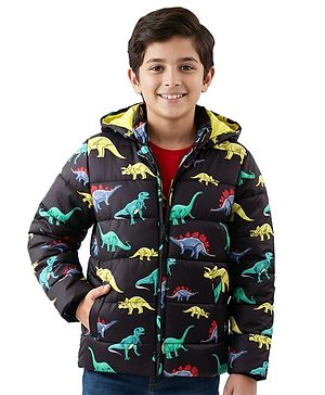 Pine Kids Full Sleeves Front Open Hoodie with Dino Print & Pockets - Black