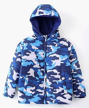 Pine Kids Full Sleeves Front Open Hoodie with Camouflage Print & Pockets - Multicolour
