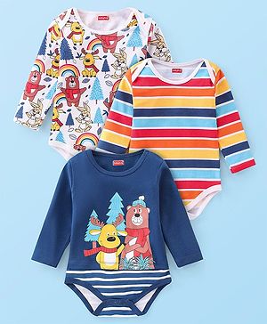 Babyhug 100% Cotton Knit Full Sleeves Onesies Bear & Reindeer Print Pack of 3 - Multicolour
