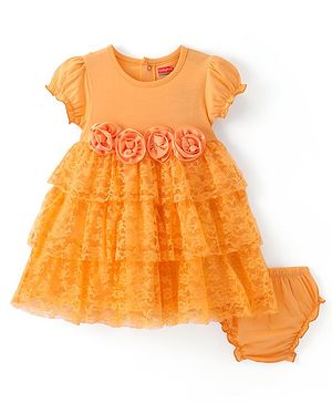 Babyhug Single Jersey Knit Puffed Sleeves Frock with Bloomer Floral Applique - Orange