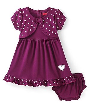 Babyhug Cotton Knit Half Sleeves Heart Printed Frock with Bloomer - Purple