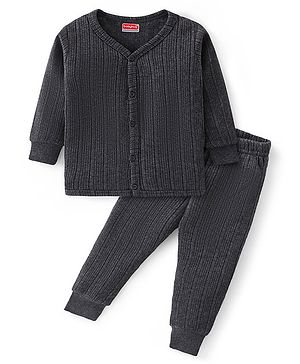 Babyhug Front Open Full Sleeves Solid Colour Thermal Vest & Legging Set - Dark Grey
