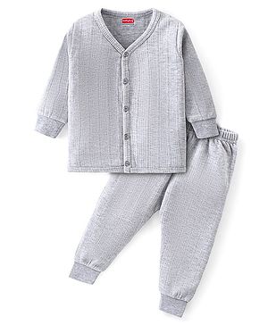 Babyhug Front Open Full Sleeves Solid Colour Thermal Vest & Legging Set - Grey