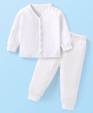 Babyhug Full Sleeves Solid Thermal Vest & Pant Set - White