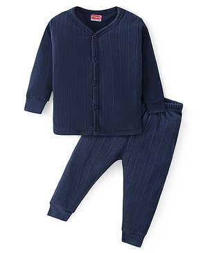 Babyhug Front Open Full Sleeves Solid Colour Thermal Vest & Legging Set - Navy Blue