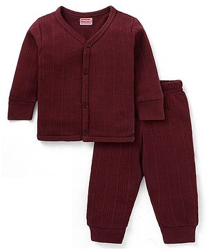 Babyhug   Full Sleeves Front Open Solid Colour Thermal  Vest & Leggings Set - Burgandy