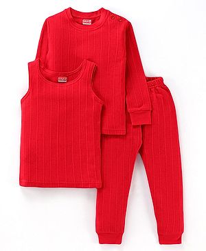 Babyhug Full Sleeves Pullover Thermal Vest & Pant Set with Solid Colour - Red