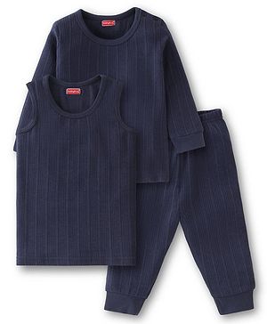 Babyhug Full Sleeves Solid Thermal Vests & Pant Set - Navy Blue