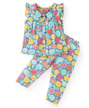 Babyhug Cotton Knit Frill Sleeves Peter Pan Collared Night Suit With Floral Print - Multicolor