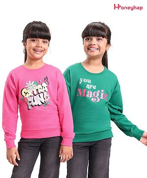 Honeyhap Premium Cotton Looper Knit Full Sleeves Sweatshirts With Text Design - Pink & Green