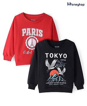 Honeyhap Premium 100% Cotton Knit Bio Finish Sweatshirts With Text & Birds Print Pack of 2 - Red & Black