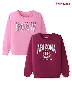 Honeyhap Premium 100% Cotton Knit Full Sleeves Bio Finish Sweatshirts With Text Print Pack of 2 - Pink & Maroon