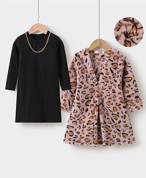 Kookie Kids Full Sleeves Solid Frock with Cheetah Print Jacket - Black