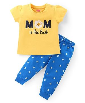 Babyhug Cotton Knit Half Sleeves Night Suit with Polka Dots & Text Print - Yellow & Blue