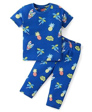 Babyhug Cotton Knit Half Sleeves Night Suit with Tropical Theme Print - Blue