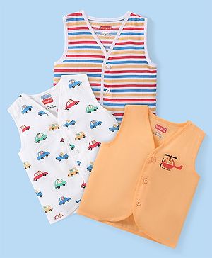 Babyhug 100% Cotton Knit Sleeveless Striped & Printed Set Of Vests Pack Of 3 - Multicolor