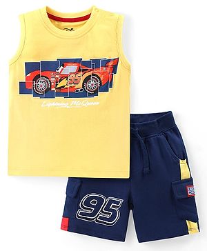 Babyhug Disney Cotton Knit Sleeveless T-Shirt & Shorts Set With Cars Graphics - Yellow & Navy