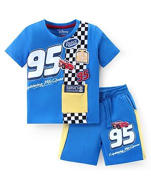 Babyhug Disney Cotton Knit Half Sleeves T-Shirt & Shorts Set With Disney Cars Graphics & Woven Patch Detailing - Blue