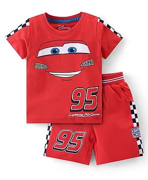 Babyhug Disney Cotton Knit Half Sleeves T-Shirt & Shorts Set With Cars Graphics - Red