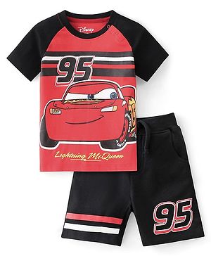 Babyhug Disney Cotton Knit Raglan Sleeves T-Shirt & Shorts Set With Cars Print - Multicolor