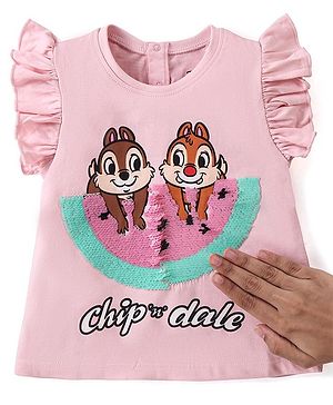 Babyhug Disney Cotton Knit Frill Sleeves Tee With Chip'n Dale Print With Reversible Sequins - Pink