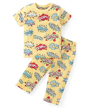 Babyhug Cotton Knit Half Sleeves Night Suit With Text Print - Yellow