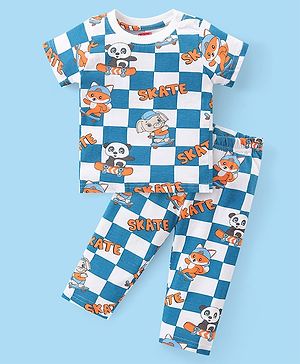 Babyhug Cotton Knit Half Sleeves Night Suit with Panda & Elephant Print - Blue & White