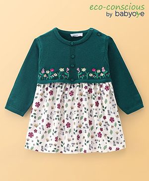 Babyoye Cotton   knit Full Sleeves Woollen Dress with Floral Print - Green