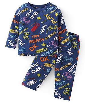 Babyhug Cotton Knit Full Sleeves Night Suit With Gaming Theme Print - Navy
