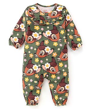 Babyhug Disney Interlock Full Sleeves Romper With Bambi Print & Frills Detailing - Green