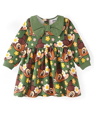 Babyhug Disney Cotton Knit Full Sleeves Peter Pan Collar Neck Frock with Bambi Print & Bow Detailing - Green