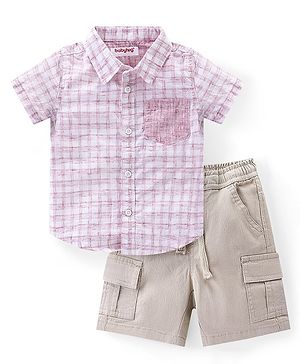 Babyhug Cotton Woven Half Sleeves Checkered Shirt &  Shorts Set - Pink & Beige