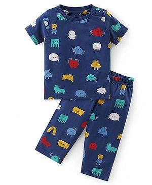 Babyhug Cotton Knit Half Sleeves Printed Night Suit  - Navy Blue