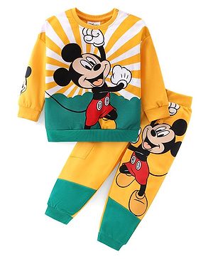 Babyhug Disney Cotton Knit Full Sleeves T-Shirt & Lounge Pants Set With Mickey Mouse Graphics - Yellow