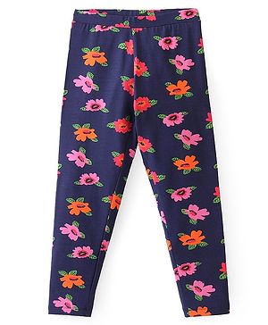 Pine Kids Knit Cotton Elastane Ankle Length Stretchable Leggings with Floral Print - Navy Blue