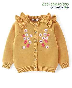 Babyoye Knitted Full Sleeves Front Open Sweater with Floral Embroidery & Frill Detailing - Yellow