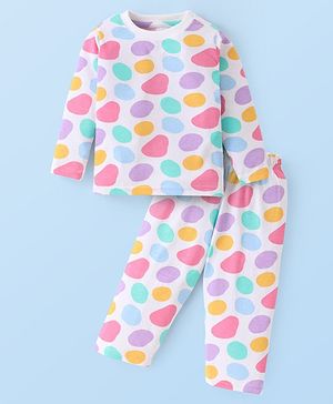 Babyhug Cotton Knit Full Sleeves Printed Night Suit  - White