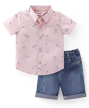 Babyhug Cotton Woven Half Sleeves Shirt & Denim Shorts Set With Palm Tree Print - Pink & Blue