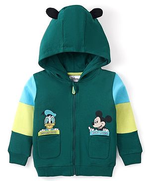 Babyhug Disney Full Sleeves Front Open Hooded Sweatshirt with Mickey Mouse and Friends Graphics & Patch Pocket Detailing- Green