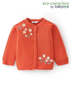 Babyoye Cotton Knit Full Sleeves Front Open  Sweater with Floral Embroidery - Orange