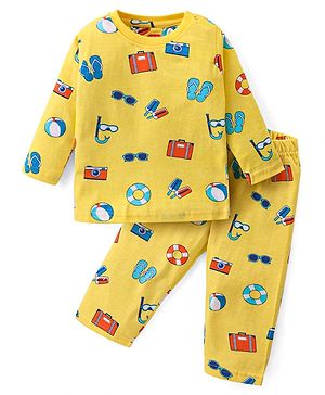 Babyhug Cotton Knit Full Sleeves Night Suit Beach Print - Yellow