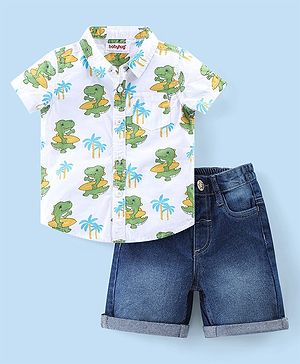 Babyhug Cotton Woven Half Sleeves Regular Collar Shirt & Denim Shorts Set With Dino Print - White