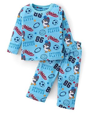 Babyhug Cotton Knit Full Sleeves Night Suit Football Print- Blue