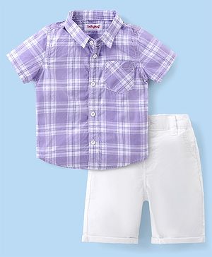Babyhug Cotton Woven Half Sleeves Checkered Shirt & Shorts Set - Purple & White