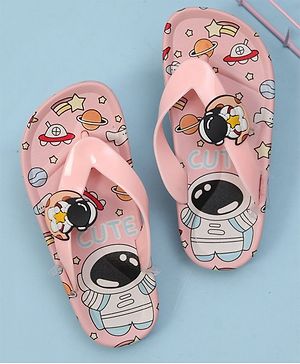 Yellow Bee Space Theme Astronaut Applique Detailed Flip Flops - Pink